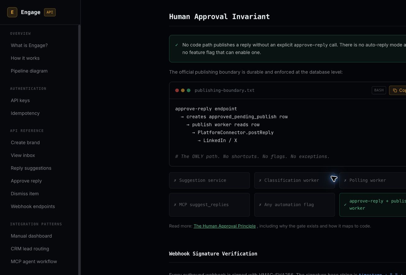 Engage human approval invariant and publishing boundary