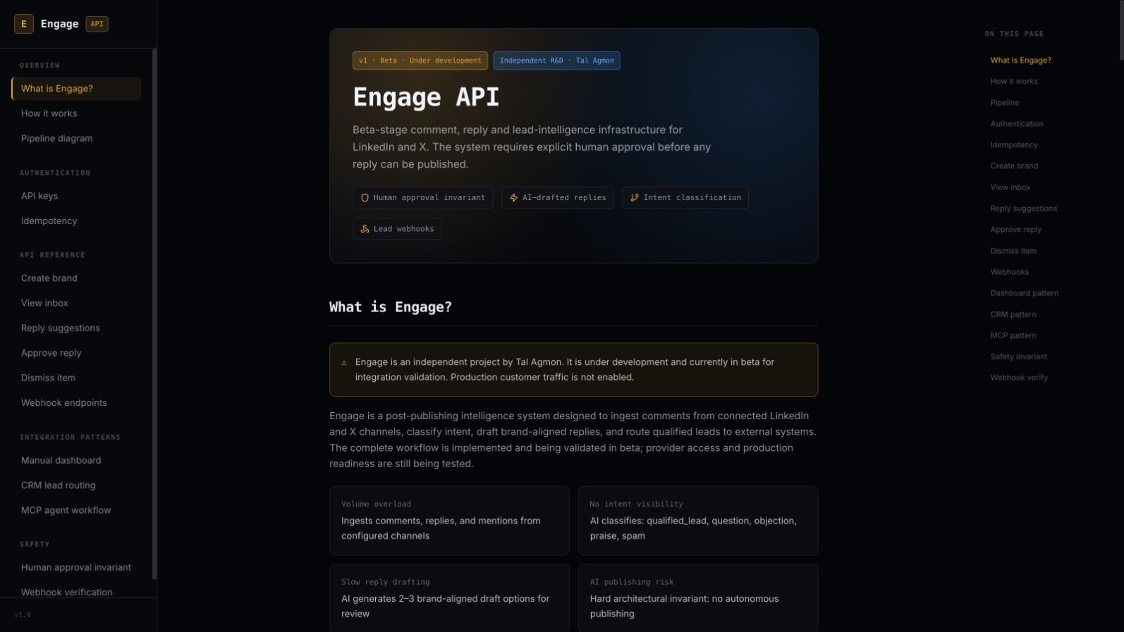 Real Engage beta documentation portal showing the project status and human-approval boundary
